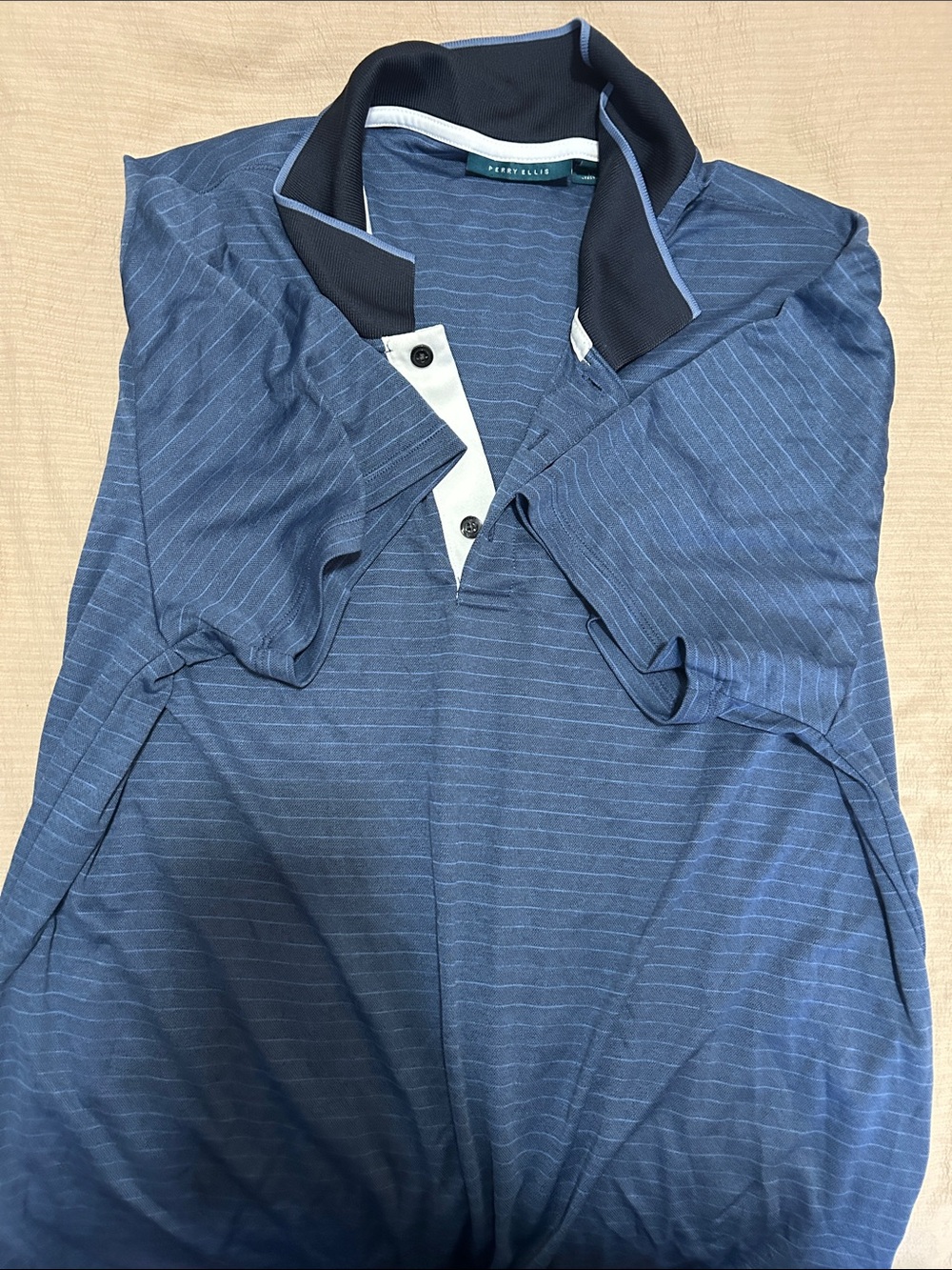 Perry Ellis Navy Pinstripe Polo with Contrast Collar